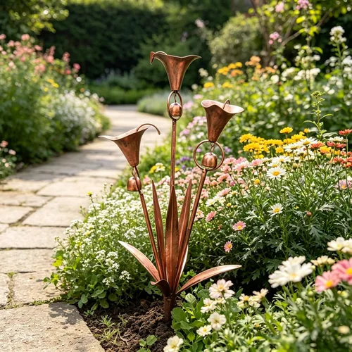Vista 9 de Benks Flamed Copper Three Calla Lilies Garden Stake with Bells & 24" H