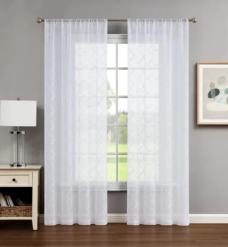 Vista 14 de Creative Home Ideas Cortinas transparentes (2 paneles, 38 x 63 pulgadas, azul), paneles de cortina geométricos bordados con alzapaños, cortinas