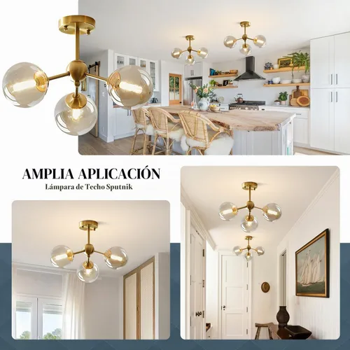 Vista 4 de KCO Iluminación Pequeña Lámpara de Techo de Vidrio Ámbar Burbuja Sputnik de Latón Dorado Montaje Semiempotrado para Cocina Recámara Pasillo