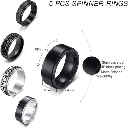 Vista 2 de WAINIS Juego de 8 anillos giratorios negros de acero inoxidable para hombres y mujeres anillos de ansiedad de liberación fresca Metal Zirconia cúbica