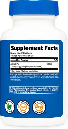 Vista 5 de Nutricost Alpha GPC 600 mg, 60 cápsulas vegetarianas - Sin OMG y sin gluten, 300 mg por cápsula