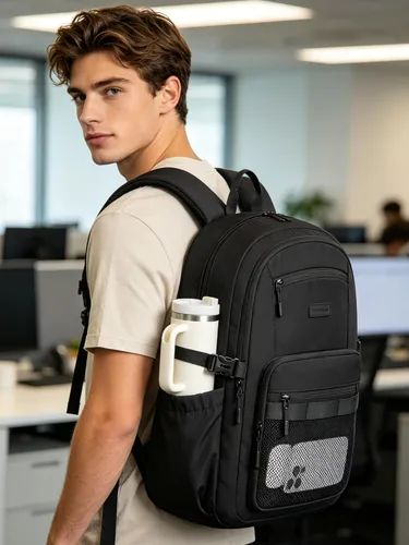Vista 3 de LOVEVOOK Mochila para laptop para mujeres/hombres con correa de hebilla mejorada para portavasos y bolsillo de malla versátil, Negro, 15,6 pulg.