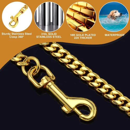 Vista 4 de Correa de cadena para perro de 3 pies y 4.3 pies, acero inoxidable de oro de 18 quilates, correa para perro de 0.472 in con cómodo mango de cuero