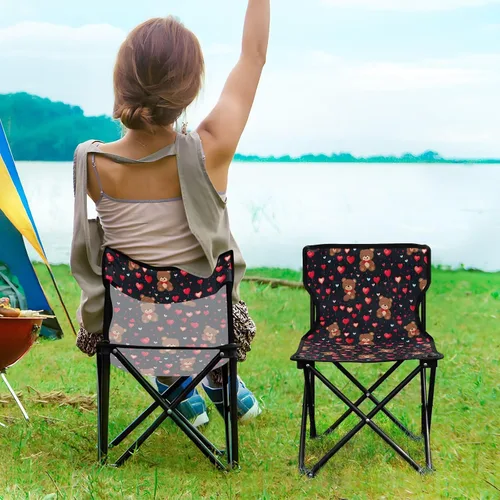 Vista 2 de Silla plegable para exteriores, diseño de oso de peluche rosa, para el día de San Valentín, silla de camping portátil para adultos, silla de césped