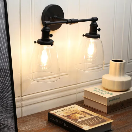 Vista 6 de Phansthy Apliques de pared industriales retro de 2 luces, lámpara de tocador de baño, lámpara de pared con doble pantalla de vidrio transparente