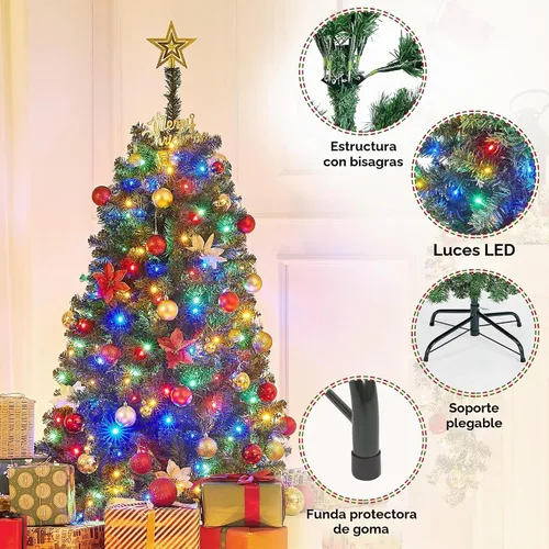 Vista 4 de Yaheetech - Árbol artificial de abeto preiluminado de 1.4 m con bisagras para árbol de Navidad con 150 luces LED multicolor y 324 puntas de rama