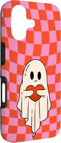 Vista 3 de Funda para iPhone 17 de San Valentín Retro Ghost Hugging Heart Checkerboard Rosa Rojo