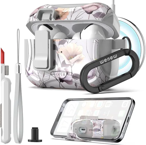 Vista 12 de wenew Funda compatible con AirPods Pro de 2ª/1ª generación con soporte para teléfono, limpiador, clip, compatible con Magsafe, funda de carga