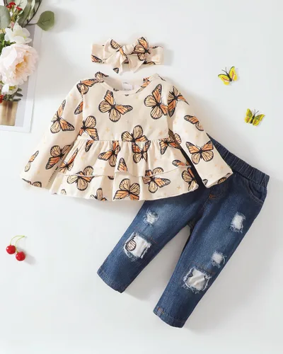 Vista 2 de XUANHAO Ropa de bebé niña de 12, 18 y 24 meses, trajes para niñas pequeñas, ropa de mezclilla con volantes, pantalones de mezclilla rasgados
