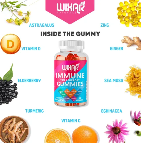 Vista 3 de WIXAR NATURALS Gomitas de apoyo inmunológico 9 en 1 con saúco, vitamina C y D, zinc, cúrcuma, jengibre, equinácea, astrágalo y musgo marino