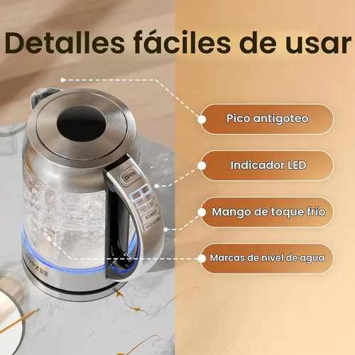 Vista 7 de TOPZEE Hervidor eléctrico de vidrio de 1.7L para café y té, caldera de agua caliente con 6 temperaturas preestablecidas, función de mantener