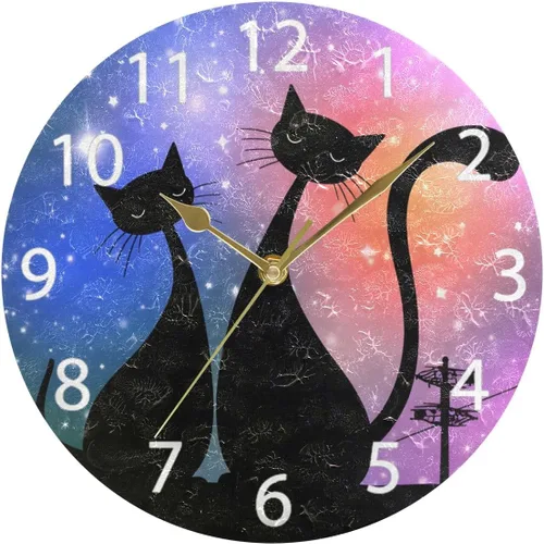 Vista 5 de senya Reloj de pared redondo con diseño de gatos mágicos, pintura al óleo silenciosa que no hace tictac, decorativo para el hogar, oficina, escuela