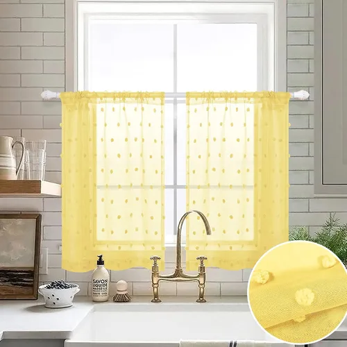 Vista 2 de Cortinas cortas amarillas de 30 pulgadas de largo para ventanas de cocina, juego de 2 unidades de cortinas transparentes con bolsillo para barra