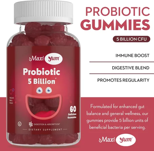 Vista 3 de Maxi Health® Gomitas probióticas 5 mil millones de UFC, bayas (60 gomitas) Kosher Gomitas probióticas para adultos 5 mil millones de gomitas