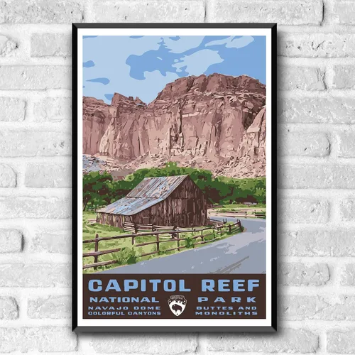 Vista 2 de Capitol Reef National Park - Póster de viaje estilo vintage, 8 x 10, 12 x 18, 18 x 24, 24 x 36, 4 x 6, impresión artística estilo WPA, Utah USA