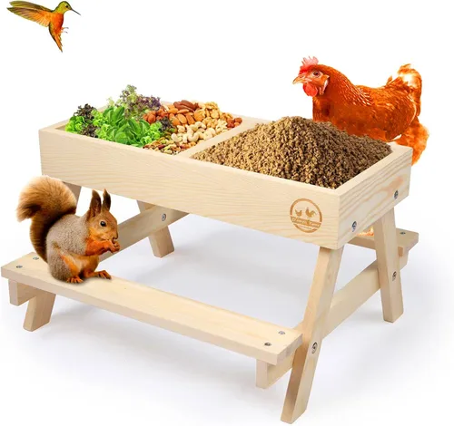 Vista 10 de Mesa de picnic de pollo, comedero de pollo sin desperdicios hecho a mano de madera, kit grande de comedero de pollo para bricolaje, comederos
