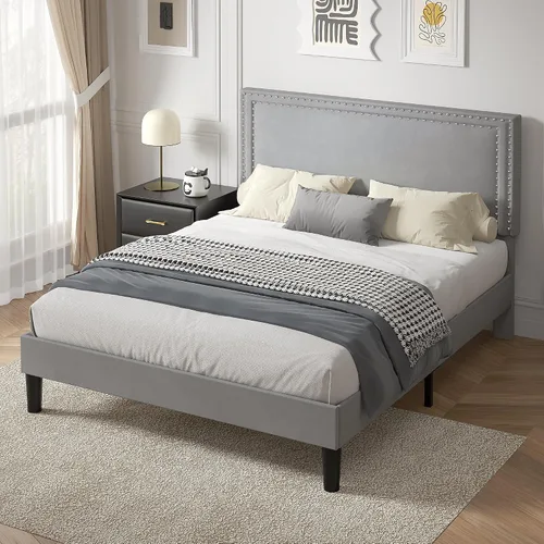 Vista 65 de VECELO Base de cama de plataforma de tamaño individual con cabecera tapizada de altura ajustable, base de colchón moderna, soporte de listones