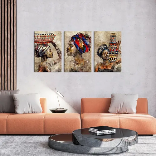 Vista 2 de Biuteawal 3 piezas de arte de pared afroamericano, tribal, negro, niña, estilo étnico, estilo vintage, marrón, pintura abstracta para dormitorio
