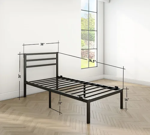 Vista 2 de Golden Gate - Base de cama de metal con cabecero, listones de acero resistente, no requiere somier, sin ruido, fácil montaje, diseño minimalista