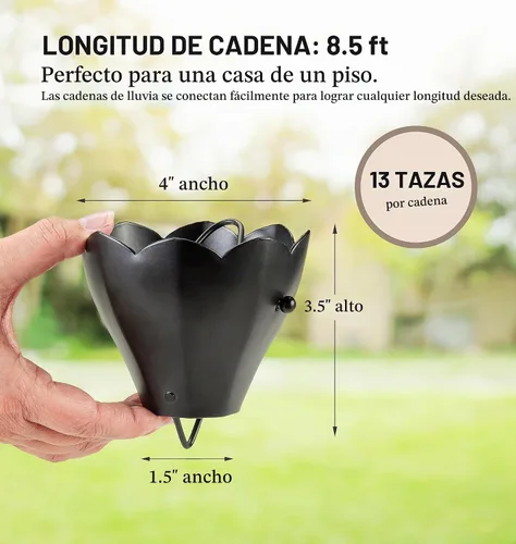 Vista 4 de Cadena de lluvia de aluminio negro de 13 tazas con clip de instalación de canalón de 8.5 pies Good Directions