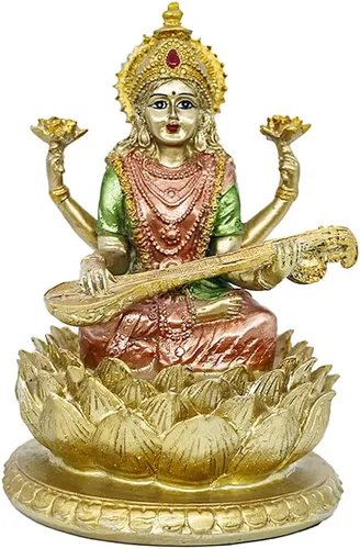 Vista 6 de BangBangDa Diosa hindú Señor Saraswati estatua – Ídolo indio de la música sentado en la escultura de loto – Figura de Dios de la India