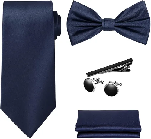 Vista 29 de TIE G 5pcs Tie Set in WHITE OR BLACK GIFT BOX: Solid Color Necktie, Satin Bow Tie, Pocket Square, Lapel, Cuff Links A-aqua