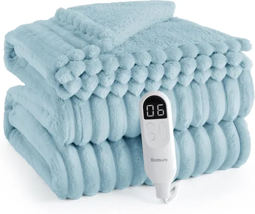 Vista 23 de Bedsure Manta eléctrica individual – Manta eléctrica de franela gruesa a rayas, calefacción con 6 ajustes de tiempo (hasta 10 horas), 6 ajustes