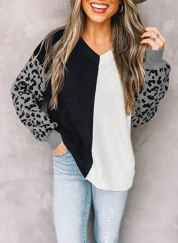 Vista 4 de ANCAPELION - Suéter de manga larga con cuello en V para mujer, diseño de leopardo, básico, bloque de colores, informal, de punto