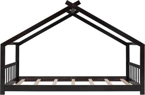 Vista 5 de Merax Camas Montessori de madera para niños con cabecero, marco de cama de suelo para niños y niñas, no necesita somier (individual, espresso)