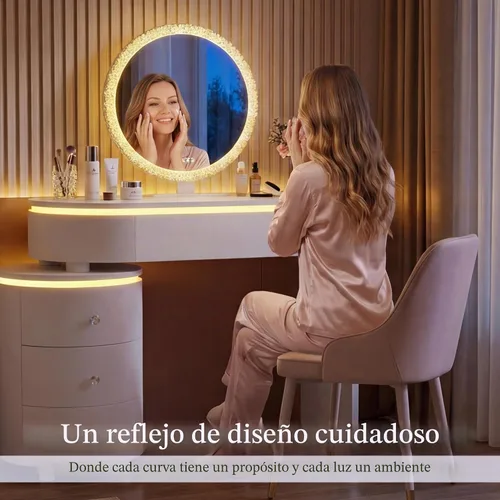 Vista 8 de KDCAS Escritorio redondo de maquillaje con espejo y luces, escritorio moderno de piel sintética con gabinete lateral reversible, mesa de tocador
