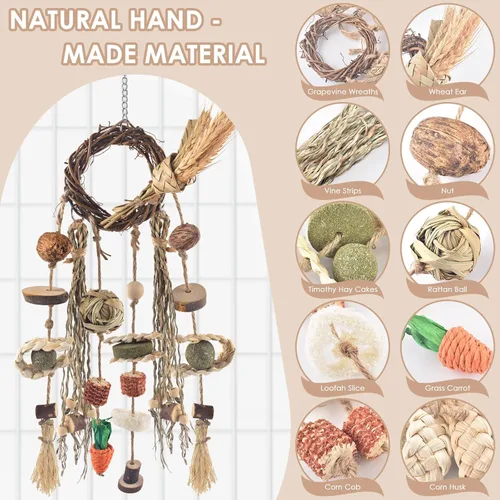 Vista 2 de Bissap 3 piezas de juguete para masticar para conejos, juguetes para masticar colgantes para jaula de conejo, anillo de ratán con golosinas, agua