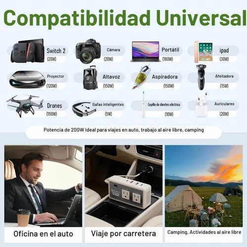 Vista 6 de Inversor de corriente para automóvil de 200 W, CC 12 V a 110 V CA, 30 W USB-C y 20 W USB-A de carga rápida, 2 salidas de CA para laptop, teléfono No