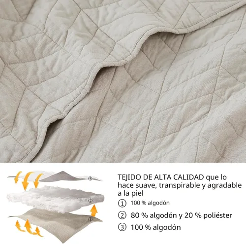 Vista 4 de palassio Juego de ropa de cama de algodón beige tamaño individual con funda de almohada, colcha ligera y suave, funda de edredón acolchada