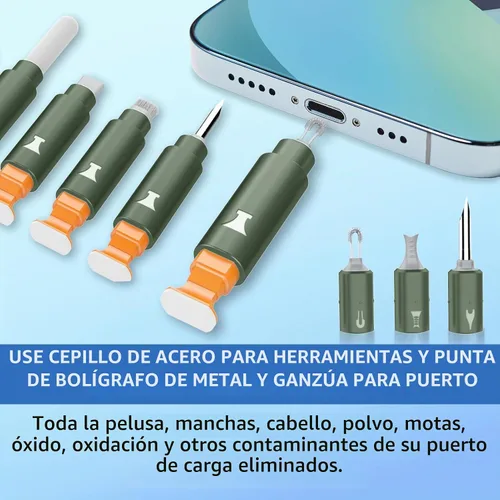 Vista 3 de Kit de limpieza para iPhone, limpiador de puerto de carga, AirPod, verde militar Multi-Tool, iPhone Cleaner, Repair Lightning Cable USB C Speaker