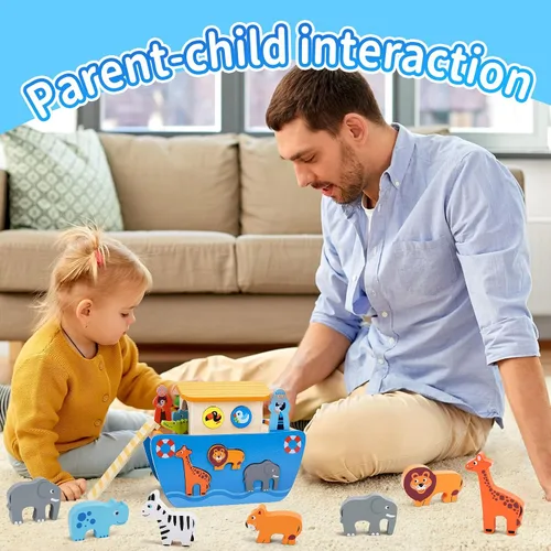 Vista 3 de KMTJT Juego de animales de juguete de madera del arca de Noé para niños pequeños, regalos de bautismo para niños de 1, 2, 3, clasificador de formas