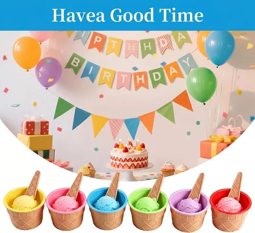 Vista 5 de 6 Pack Plastic Ice Cream Bowls With Spoons,Ice Cream Party Decorations