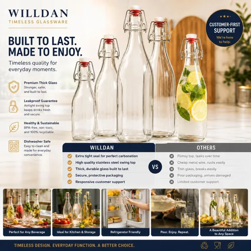 Vista 7 de Botellas de vidrio con tapa abatible [1 litro / 33 onzas líquidas] [Paquete de 4] - Botellas de coquito con tapa abatible para kombucha