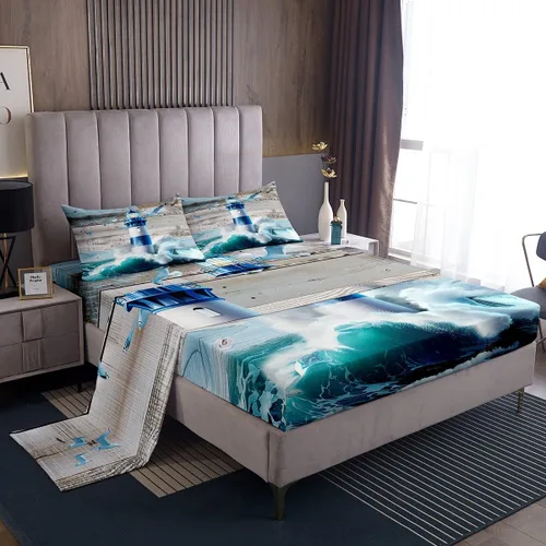 Vista 7 de Erosebridal Juego de sábanas de ballena náutica, tamaño individual, juego de ropa de cama vintage azul con ondas oceánicas para niños y niñas