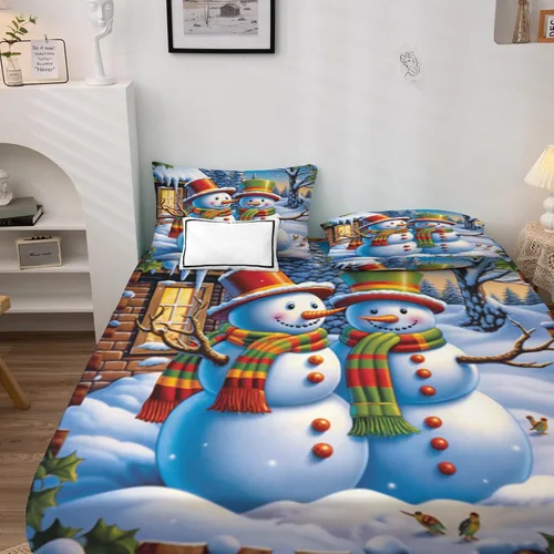 Vista 2 de Juego de sábanas de Navidad tamaño individual, sábanas de muñeco de nieve, sábanas y fundas de almohada con patrones de 3 piezas, sábana bajera