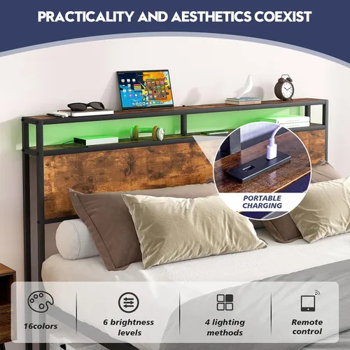 Vista 7 de Base de cama Queen con luces LED, cabecera de almacenamiento industrial con estación de carga y puerto USB, marco de cama industrial moderno