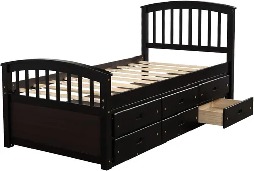 Vista 11 de Merax Cama de almacenamiento de plataforma de tamaño individual Cama de madera maciza con 6 cajones