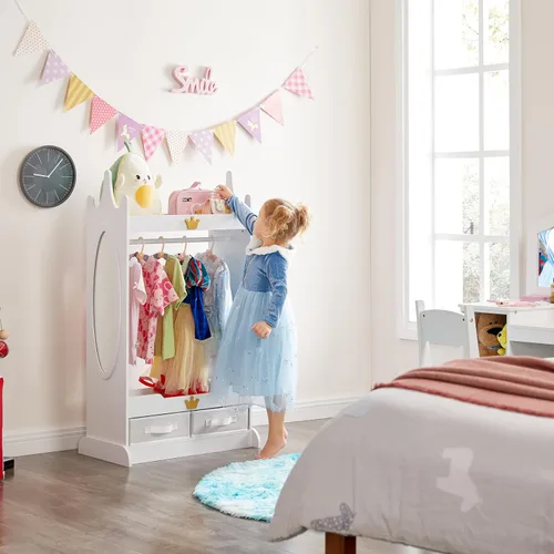 Vista 3 de Almacenamiento de disfraces para niños con espejo, armario para niños con cajones de tela no tejida, armario abierto para disfraces con barra