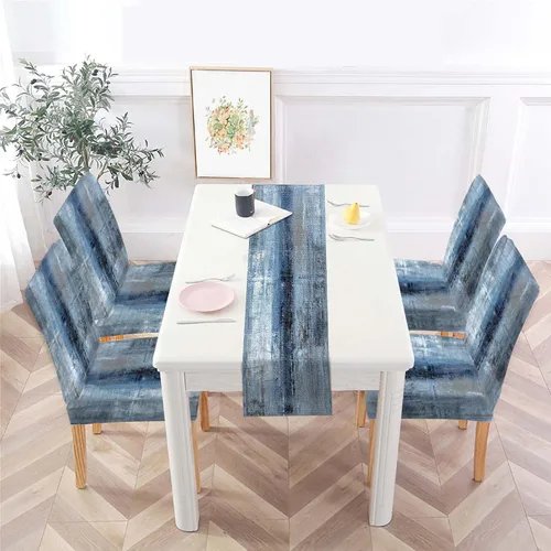 Vista 6 de MCALK Juego de 4 fundas para sillas color marrón y mantel para mesa, fundas elásticas color gris oscuro para sillas de cocina, fundas protectoras