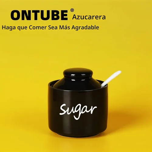 Vista 8 de ONTUBE Azucarero de cerámica con tapa y cuchara, tarro de azúcar de porcelana, 8oz (Negro) Porcelain, 8oz, white, lid & spoon, airtight