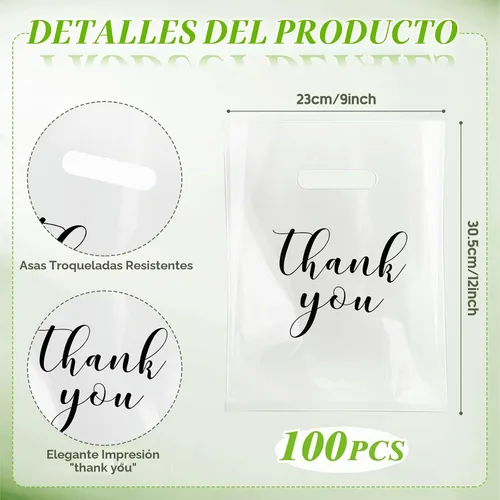 Vista 2 de Crtiin 100 piezas de bolsas de mercancía transparentes con texto "Thank You" y asas troqueladas para compras, bolsas de plástico para embalaje