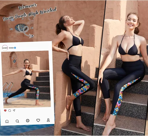 Vista 2 de SCODI Pantalones de natación para mujer, leggings de natación de cintura alta, pantalones de natación, mallas de natación, protección solar