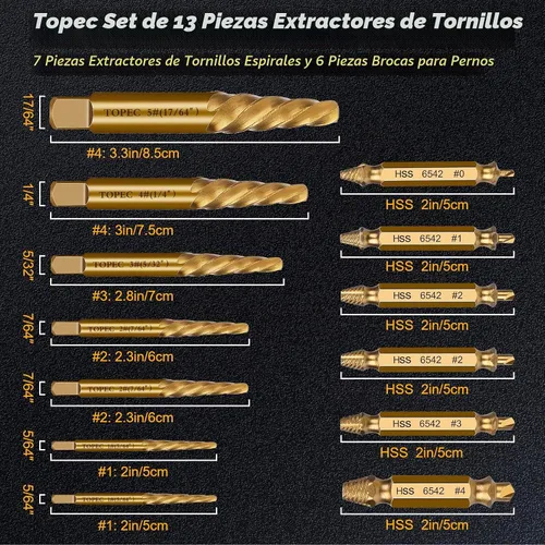 Vista 2 de TOPEC Juego de Extractor de Tornillos Pequeños, 13 Piezas Herramienta de Extracción de Tornillos Dañados, Kit HSS 6542 Easy Out para Sujetadores