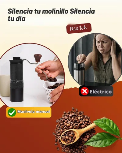 Vista 6 de Molinillo de café manual con rebabas de acero inoxidable, molinillo de mano de 1.12 onzas para expreso, goteo, prensa francesa, con 35 ajustes Negro