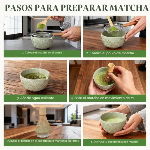 Vista 7 de Juego de batidor de matcha, utensilios de ceremonia de té japonés (8 piezas) con cuenco de matcha con boquilla (19 onzas), batidor de bambú, Verde