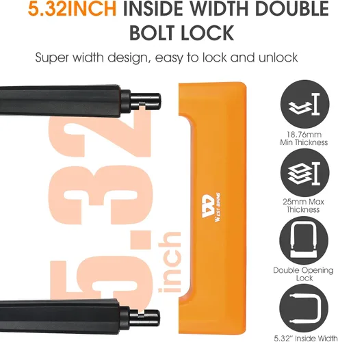 Vista 6 de Bloqueo en U de bicicleta antirrobo resistente con 3 llaves, 0.739 in, negro, 5.32 pulgadas de ancho Dimensión